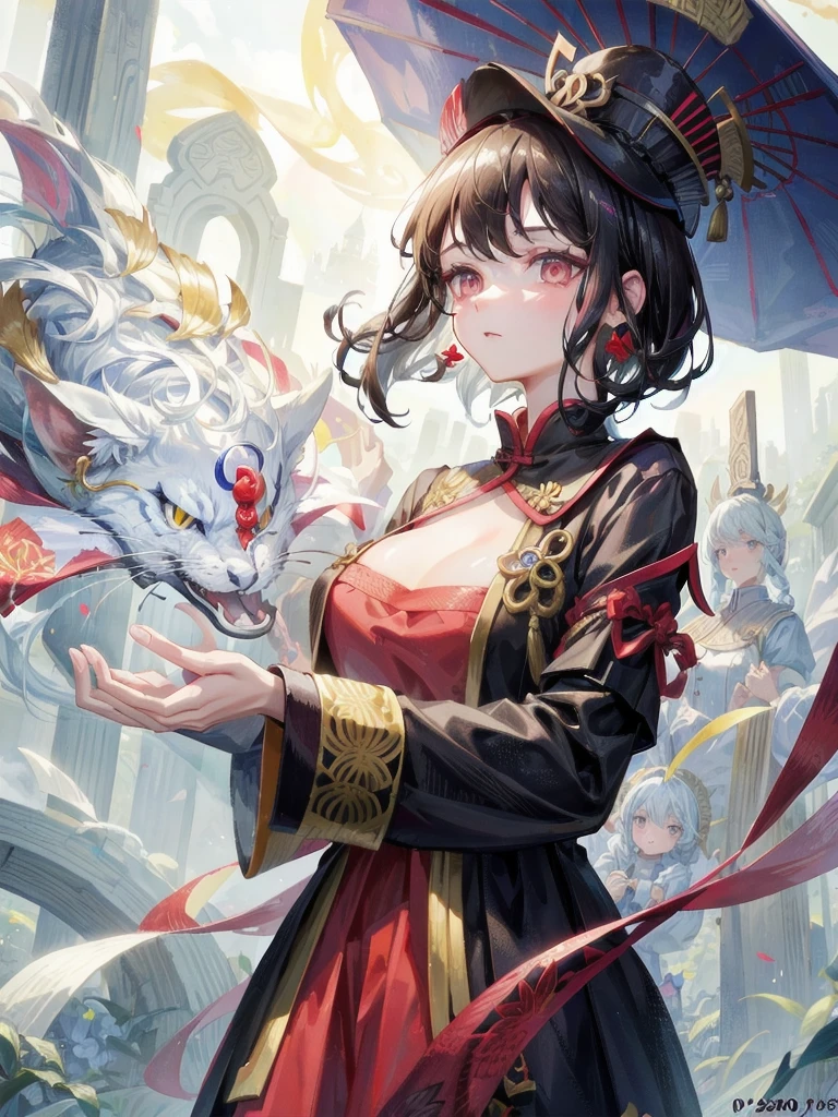 cemetery, dress, braid, chinese clothes, headwear, ofuda, jiangshi, qing guanmao, absurdres, RAW photo, extremely delicate and beautiful, masterpiece, Best Quality, ultra high resolution, 32k, hyperrealistic, ultra-detailed, detailed description, pale skin, 20 years old, tearful mole, earring, Colossal tits, short medium hair, wavy hair, whole body shot,