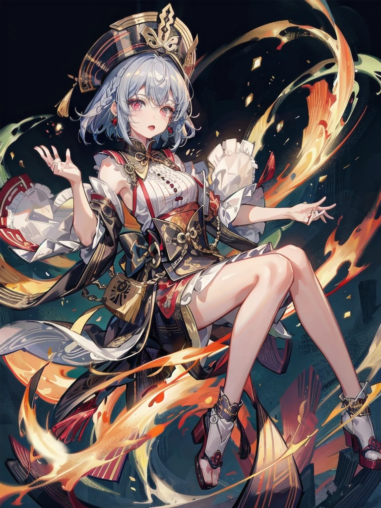 cemetery, dress, braid, chinese clothes, headwear, ofuda, jiangshi, qing guanmao, absurdres, RAW photo, extremely delicate and beautiful, masterpiece, Best Quality, ultra high resolution, 32k, hyperrealistic, ultra-detailed, detailed description, pale skin, 20 years old, tearful mole, earring, Colossal tits, short medium hair, wavy hair, whole body shot,