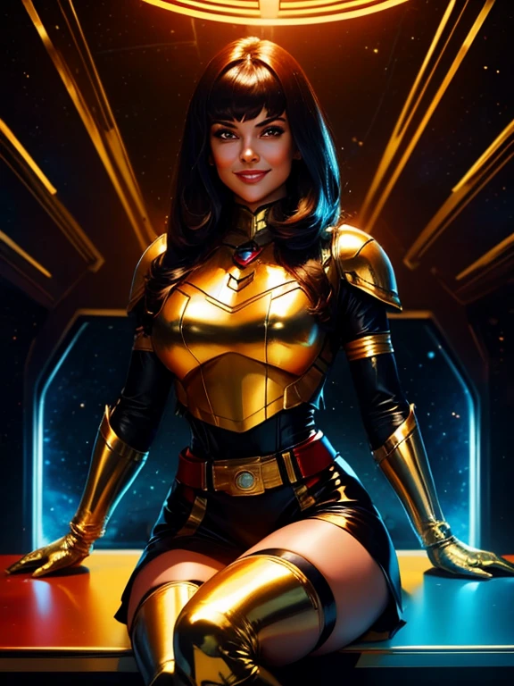 Best Quality oil paint art, Beautiful Vintage Space Woman, cabelo liso preto,bangs, Looking at Viewer, SHY SMILE,metallic Ultra shiny cramped red armor, adjusting high-tech gloves,tech belt, thighs and knee, spaceship battle scenery, golden lights