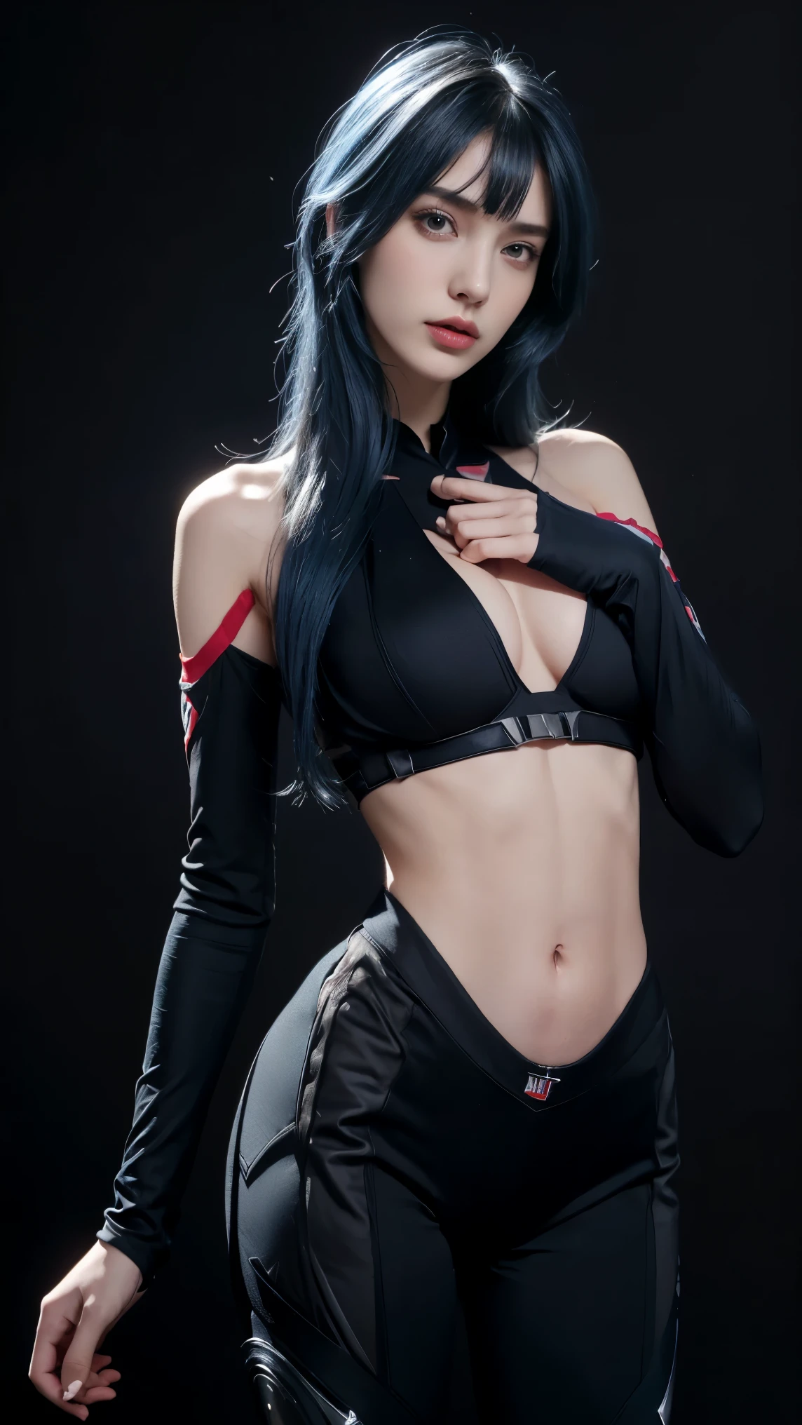 8K, Top Quality, Intricate Details, Ultra Detail, Ultra High Resolution, Masterpiece, close up shot, Slender,, ((Full body )), (Makeup: 0.4), (), , looking at viewer, ((full body)), 1girl, solo, 1 girl, (( )), , , ((tall)), (((fit body))), (((slim face))), sharp face , smile, (( blue hair, bangs, long hair )) , (detailed face), sharp face, small lips, standing, feminine pose, , show belly ,, , ((captain america suit)), , ((detail belly )), detail fingers, detail hands, detailed face, detailed breast, huge breast, Narrow Waist, Skinny, 175 cm tall , Muscular, Navel, Exposed Abdomen, Pointed Ches , large breast, , , Beautiful girl with accentuated slender abs: 1.4, Six Pack Abs: 1.4, Bust Botox,, Perfect Body, (( dark background)), black background,
