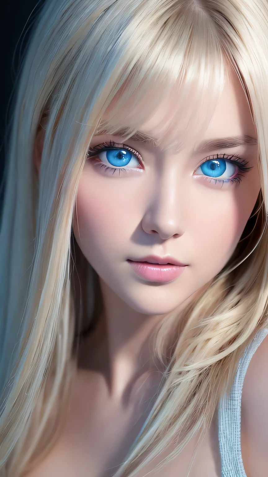 highest quality、8K Masterpiece、Ultra-high resolution、(Realistic:1.3)、RAW Photos、 girl of Scandinavian descent with shiny blonde hair、Silvery blonde hair、Super long straight hair、Bangs between the eyes、Hair above the eyes、片Hair above the eyes、Hair between the eyes、White and lustrous skin、1. Cyberpunk Super Beautiful Soldier、((Ultra-Realistic Details))、Portraiture、Global Illumination、Shadow Realm、Octane Rendering、8K、Super sharp、Beautiful breasts、Bare skin in the cleavage is exposed、Metal、Cold colors、、Very intricate details、Realistic Light、CG Association Trends、Very beautiful, large light blue eyes、Very big eyes、Eyes shining towards the camera、Neon Details、Small Face Beauty、Round face、Cheek highlight