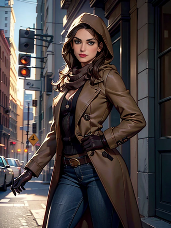 Keira Knightley、(masterpiece:1.0), (Highest_quality:1.2), (Dark Shot:1.3), Classic Rogue, 1991 Rogue X-Men, 1 girl, Only 1, Head to Toe, standing on street corner, Elegant pose, (clothing: Brown winter coat, Brown color hood, Down lining, White scarf, gloves, jeans) Medium length hair, Brown Hair, Wavy Hair, One gray hair, Green Eyes, Mischievous look, Grin, Lips parted,  Red lipstick, Heavy makeup, Confident expression, Backlight, (realism: 1.5), (Realistic: 1.4), (Disorganized:1.4), 8k, Very detailed, Detailed beautiful woman,  (background: Midnight, it&#39;s snowing, On the streets of New York, Snowy Night), Official Art, Very detailed CG Unity 8k wallpaper, Perfect lighting, colorful, 超High resolution, photograph, 8k, High resolution, Kodak Portrait 400, Film Grain, blurry background, (Bokeh:1.2), (Vibrant_color:1.2), Film Grain:1.2, (Warm colors, Warm Tones:1.2), (color photo), Professional Photograph