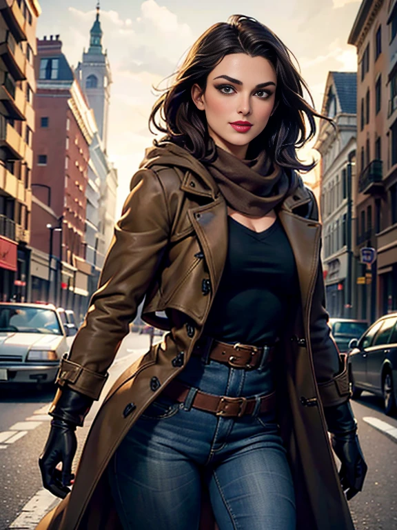 Keira Knightley、(masterpiece:1.0), (Highest_quality:1.2), (Dark Shot:1.3), Classic Rogue, 1991 Rogue X-Men, 1 girl, Only 1, Head to Toe, standing on street corner, Elegant pose, (clothing: Brown winter coat, Brown color hood, Down lining, White scarf, gloves, jeans) Medium length hair, Brown Hair, Wavy Hair, One gray hair, Green Eyes, Mischievous look, Grin, Lips parted,  Red lipstick, Heavy makeup, Confident expression, Backlight, (realism: 1.5), (Realistic: 1.4), (Disorganized:1.4), 8k, Very detailed, Detailed beautiful woman,  (background: Midnight, it&#39;s snowing, On the streets of New York, Snowy Night), Official Art, Very detailed CG Unity 8k wallpaper, Perfect lighting, colorful, 超High resolution, photograph, 8k, High resolution, Kodak Portrait 400, Film Grain, blurry background, (Bokeh:1.2), (Vibrant_color:1.2), Film Grain:1.2, (Warm colors, Warm Tones:1.2), (color photo), Professional Photograph