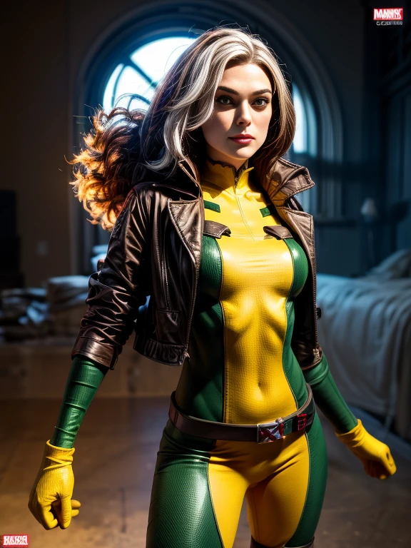 Keira Knightley、masterpiece, High-quality 4K, Villain (X-Men), Gothic Girl, Sculpted body gothic makeup, Brown jacket, Yellow and green bodysuit, masterpiece, highest quality, Cowboy Shot, One girl, alone, Technology Military Bodysuit, fringe.