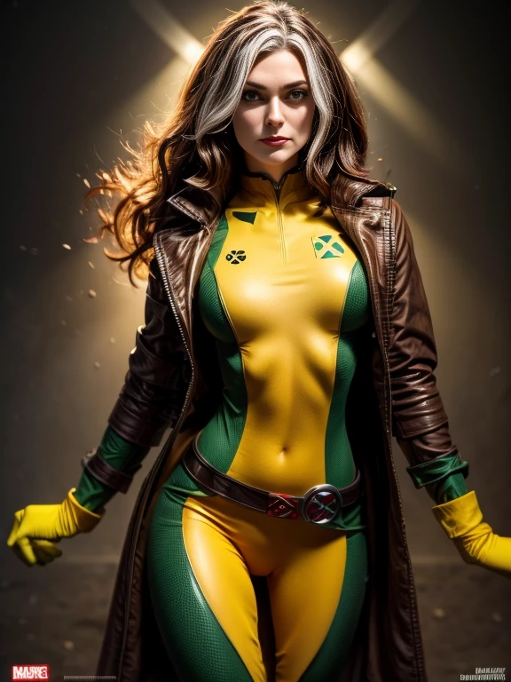 Keira Knightley、masterpiece, High-quality 4K, Villain (X-Men), Gothic Girl, Sculpted body gothic makeup, Brown jacket, Yellow and green bodysuit, masterpiece, highest quality, Cowboy Shot, One girl, alone, Technology Military Bodysuit, fringe.
