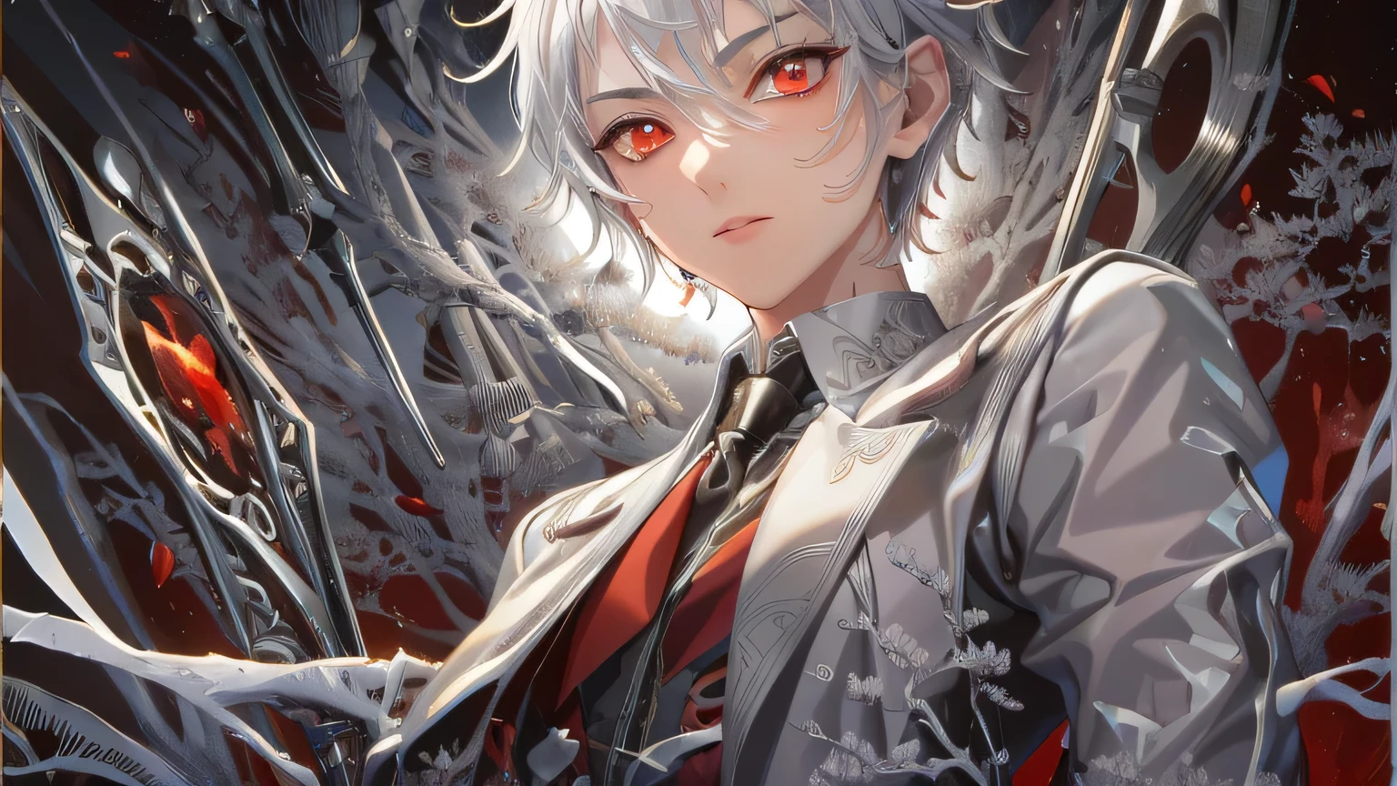 Perfect Anatomy, masterpiece:1.4, highest quality, 8k, beautiful and detailed growth, Utopian performance, At night, The effect is fire, (anger:1.Stage 2 Solo Silver-haired Short-haired Divine Swordsman Boy, 15, Detailed red eyes), Wearing a butler's uniform, In a chaotic space. Close-up from chest up, One Boy