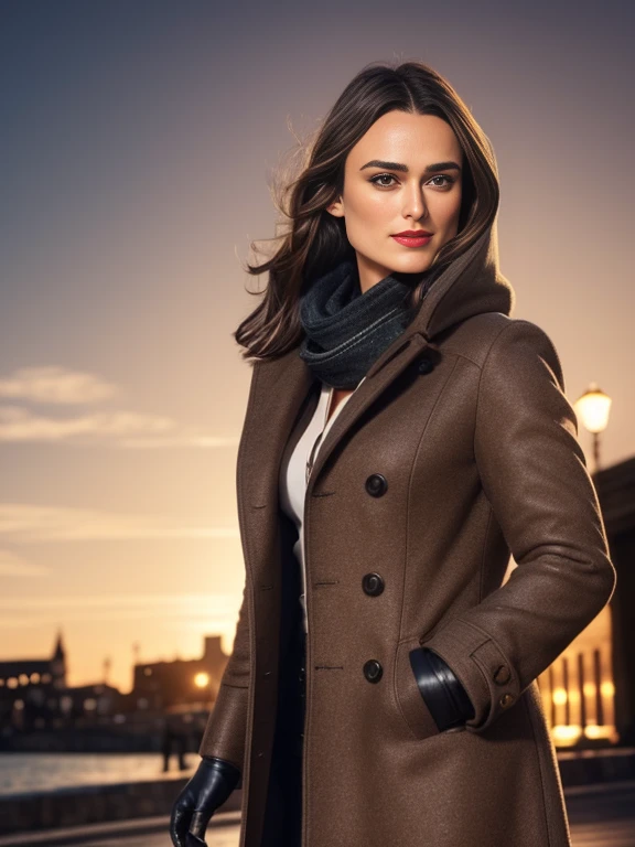 Keira Knightley、(masterpiece:1.0), (Highest_quality:1.2), (Dark Shot:1.3), Classic Rogue, 1991 Rogue X-Men, 1 girl, Only 1, Head to Toe, standing on street corner, Elegant pose, (clothing: Brown winter coat, Brown color hood, Down lining, White scarf, gloves, jeans) Medium length hair, Brown Hair, Wavy Hair, One gray hair, Green Eyes, Mischievous look, Grin, Lips parted, Red lipstick, Heavy makeup, Confident expression, Backlight, (realism: 1.5), (Realistic: 1.4), (Disorganized:1.4), 8k, Very detailed, Detailed beautiful woman, (background: Midnight, it's snowing, On the streets of New York, Snowy Night), Official Art, Very detailed CG Unity 8k wallpaper, Perfect lighting, colorful, 超High resolution, photograph, 8k, High resolution, Kodak Portrait 400, Film Grain, blurry background, (Bokeh:1.2), (Vibrant_color:1.2), Film Grain:1.2, (Warm colors, Warm Tones:1.2), (color photo), Professional Photograph