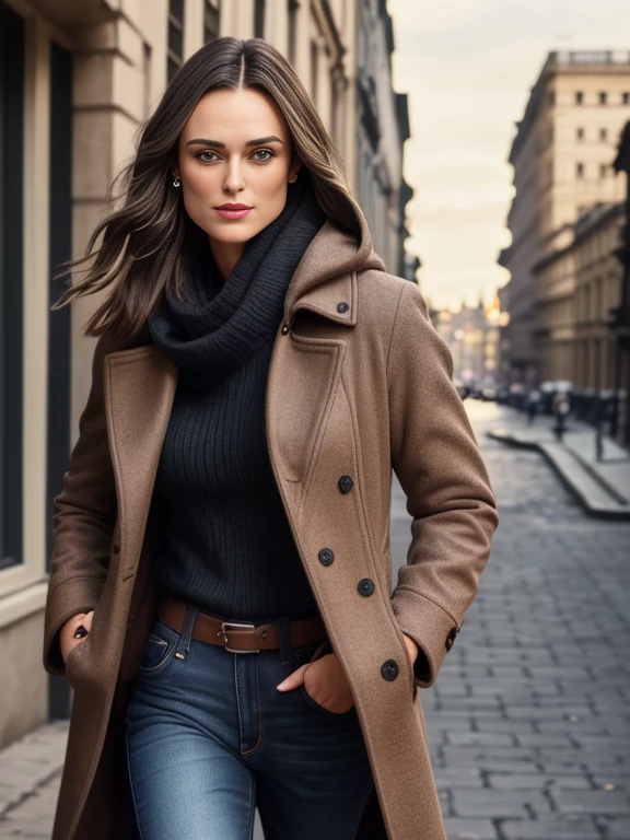 Keira Knightley、(masterpiece:1.0), (Highest_quality:1.2), (Dark Shot:1.3), Classic Rogue, 1991 Rogue X-Men, 1 girl, Only 1, Head to Toe, standing on street corner, Elegant pose, (clothing: Brown winter coat, Brown color hood, Down lining, White scarf, gloves, jeans) Medium length hair, Brown Hair, Wavy Hair, One gray hair, Green Eyes, Mischievous look, Grin, Lips parted, Red lipstick, Heavy makeup, Confident expression, Backlight, (realism: 1.5), (Realistic: 1.4), (Disorganized:1.4), 8k, Very detailed, Detailed beautiful woman, (background: Midnight, it's snowing, On the streets of New York, Snowy Night), Official Art, Very detailed CG Unity 8k wallpaper, Perfect lighting, colorful, 超High resolution, photograph, 8k, High resolution, Kodak Portrait 400, Film Grain, blurry background, (Bokeh:1.2), (Vibrant_color:1.2), Film Grain:1.2, (Warm colors, Warm Tones:1.2), (color photo), Professional Photograph