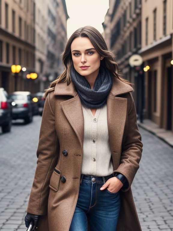 Keira Knightley、(masterpiece:1.0), (Highest_quality:1.2), (Dark Shot:1.3), Classic Rogue, 1991 Rogue X-Men, 1 girl, Only 1, Head to Toe, standing on street corner, Elegant pose, (clothing: Brown winter coat, Brown color hood, Down lining, White scarf, gloves, jeans) Medium length hair, Brown Hair, Wavy Hair, One gray hair, Green Eyes, Mischievous look, Grin, Lips parted,  Red lipstick, Heavy makeup, Confident expression, Backlight, (realism: 1.5), (Realistic: 1.4), (Disorganized:1.4), 8k, Very detailed, Detailed beautiful woman,  (background: Midnight, it&#39;s snowing, On the streets of New York, Snowy Night), Official Art, Very detailed CG Unity 8k wallpaper, Perfect lighting, colorful, 超High resolution, photograph, 8k, High resolution, Kodak Portrait 400, Film Grain, blurry background, (Bokeh:1.2), (Vibrant_color:1.2), Film Grain:1.2, (Warm colors, Warm Tones:1.2), (color photo), Professional Photograph
