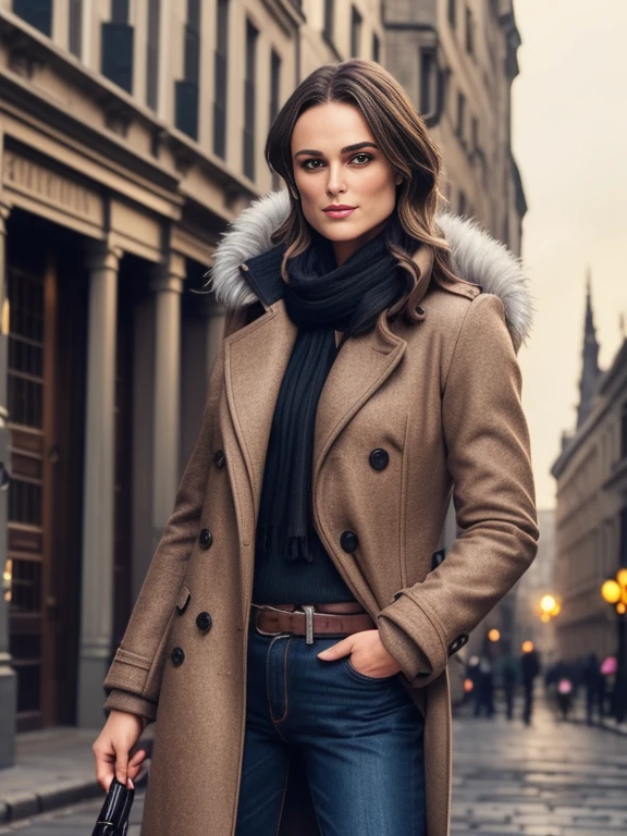 Keira Knightley、(masterpiece:1.0), (Highest_quality:1.2), (Dark Shot:1.3), Classic Rogue, 1991 Rogue X-Men, 1 girl, Only 1, Head to Toe, standing on street corner, Elegant pose, (clothing: Brown winter coat, Brown color hood, Down lining, White scarf, gloves, jeans) Medium length hair, Brown Hair, Wavy Hair, One gray hair, Green Eyes, Mischievous look, Grin, Lips parted,  Red lipstick, Heavy makeup, Confident expression, Backlight, (realism: 1.5), (Realistic: 1.4), (Disorganized:1.4), 8k, Very detailed, Detailed beautiful woman,  (background: Midnight, it&#39;s snowing, On the streets of New York, Snowy Night), Official Art, Very detailed CG Unity 8k wallpaper, Perfect lighting, colorful, 超High resolution, photograph, 8k, High resolution, Kodak Portrait 400, Film Grain, blurry background, (Bokeh:1.2), (Vibrant_color:1.2), Film Grain:1.2, (Warm colors, Warm Tones:1.2), (color photo), Professional Photograph