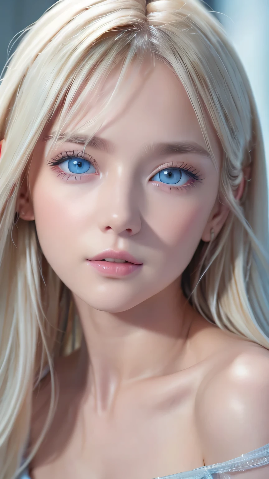 highest quality、8K Masterpiece、Ultra-high resolution、(Realistic:1.3)、RAW Photos、14 year old girl of Scandinavian descent with shiny blonde hair、Silvery blonde hair、Super long straight hair、Bangs between the eyes、Hair above the eyes、片Hair above the eyes、Hair between the eyes、White and lustrous skin、1. Cyberpunk Super Beautiful Soldier、((Ultra-Realistic Details))、Portraiture、Global Illumination、Shadow Realm、Octane Rendering、8K、Super sharp、Beautiful breasts、Bare skin in the cleavage is exposed、Metal、Cold colors、、Very intricate details、Realistic Light、CG Association Trends、Very beautiful, large light blue eyes、Very big eyes、Eyes shining towards the camera、Neon Details、Small Face Beauty、Round face、Cheek highlight