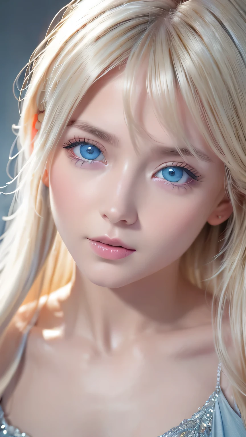 highest quality、8K Masterpiece、Ultra-high resolution、(Realistic:1.3)、RAW Photos、14 year old girl of Scandinavian descent with shiny blonde hair、Silvery blonde hair、Super long straight hair、Bangs between the eyes、Hair above the eyes、片Hair above the eyes、Hair between the eyes、White and lustrous skin、1. Cyberpunk Super Beautiful Soldier、((Ultra-Realistic Details))、Portraiture、Global Illumination、Shadow Realm、Octane Rendering、8K、Super sharp、Beautiful breasts、Bare skin in the cleavage is exposed、Metal、Cold colors、、Very intricate details、Realistic Light、CG Association Trends、Very beautiful, large light blue eyes、Very big eyes、Eyes shining towards the camera、Neon Details、Small Face Beauty、Round face、Cheek highlight