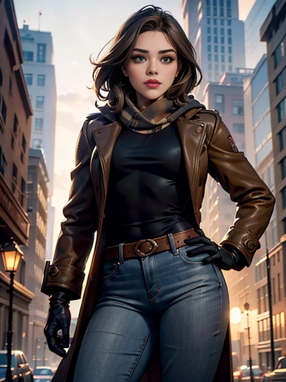 Chloe Grace Moretz、(masterpiece:1.0), (Highest_quality:1.2), (Dark Shot:1.3), Classic Rogue, 1991 Rogue X-Men, 1 girl, Only 1, Head to Toe, standing on street corner, Elegant pose, (clothing: Brown winter coat, Brown color hood, Down lining, White scarf, gloves, jeans) Medium length hair, Brown Hair, Wavy Hair, One gray hair, Green Eyes, Mischievous look, Grin, Lips parted, Red lipstick, Heavy makeup, Confident expression, Backlight, (realism: 1.5), (Realistic: 1.4), (Disorganized:1.4), 8k, Very detailed, Detailed beautiful woman, (background: Midnight, it's snowing, On the streets of New York, Snowy Night), Official Art, Very detailed CG Unity 8k wallpaper, Perfect lighting, colorful, 超High resolution, photograph, 8k, High resolution, Kodak Portrait 400, Film Grain, blurry background, (Bokeh:1.2), (Vibrant_color:1.2), Film Grain:1.2, (Warm colors, Warm Tones:1.2), (color photo), Professional Photograph