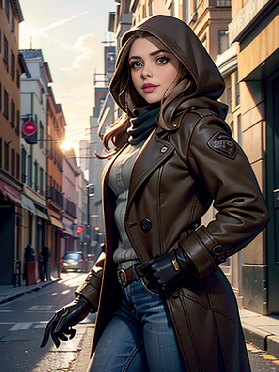 Chloe Grace Moretz、(masterpiece:1.0), (Highest_quality:1.2), (Dark Shot:1.3), Classic Rogue, 1991 Rogue X-Men, 1 girl, Only 1, Head to Toe, standing on street corner, Elegant pose, (clothing: Brown winter coat, Brown color hood, Down lining, White scarf, gloves, jeans) Medium length hair, Brown Hair, Wavy Hair, One gray hair, Green Eyes, Mischievous look, Grin, Lips parted, Red lipstick, Heavy makeup, Confident expression, Backlight, (realism: 1.5), (Realistic: 1.4), (Disorganized:1.4), 8k, Very detailed, Detailed beautiful woman, (background: Midnight, it's snowing, On the streets of New York, Snowy Night), Official Art, Very detailed CG Unity 8k wallpaper, Perfect lighting, colorful, 超High resolution, photograph, 8k, High resolution, Kodak Portrait 400, Film Grain, blurry background, (Bokeh:1.2), (Vibrant_color:1.2), Film Grain:1.2, (Warm colors, Warm Tones:1.2), (color photo), Professional Photograph