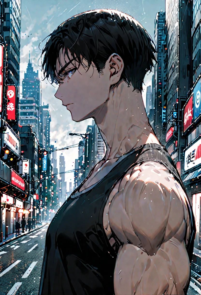 male, solo, huge, muscular, short hair, black hair, tank top, facing viewer, profile avatar, city