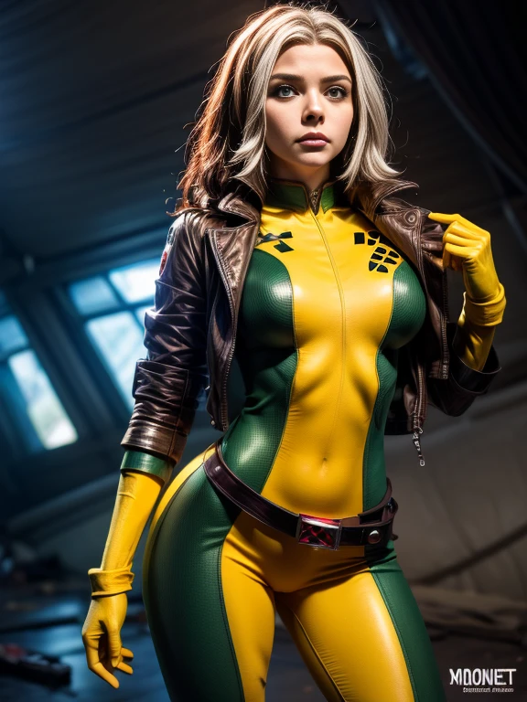 Chloe Grace Moretz、masterpiece, High-quality 4K, Villain (X-Men), Gothic Girl, Sculpted body gothic makeup, Brown jacket, Yellow and green bodysuit, masterpiece, highest quality, Cowboy Shot, One girl, alone, Technology Military Bodysuit, fringe.