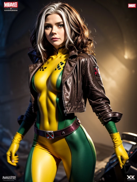 Chloe Grace Moretz、masterpiece, High-quality 4K, Villain (X-Men), Gothic Girl, Sculpted body gothic makeup, Brown jacket, Yellow and green bodysuit, masterpiece, highest quality, Cowboy Shot, One girl, alone, Technology Military Bodysuit, fringe.