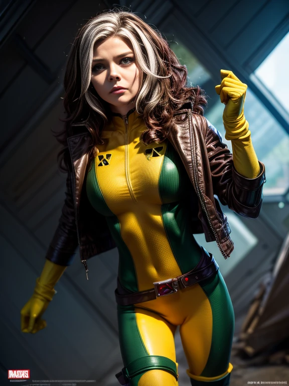 Chloe Grace Moretz、masterpiece, High-quality 4K, Villain (X-Men), Gothic Girl, Sculpted body gothic makeup, Brown jacket, Yellow and green bodysuit, masterpiece, highest quality, Cowboy Shot, One girl, alone, Technology Military Bodysuit, fringe.