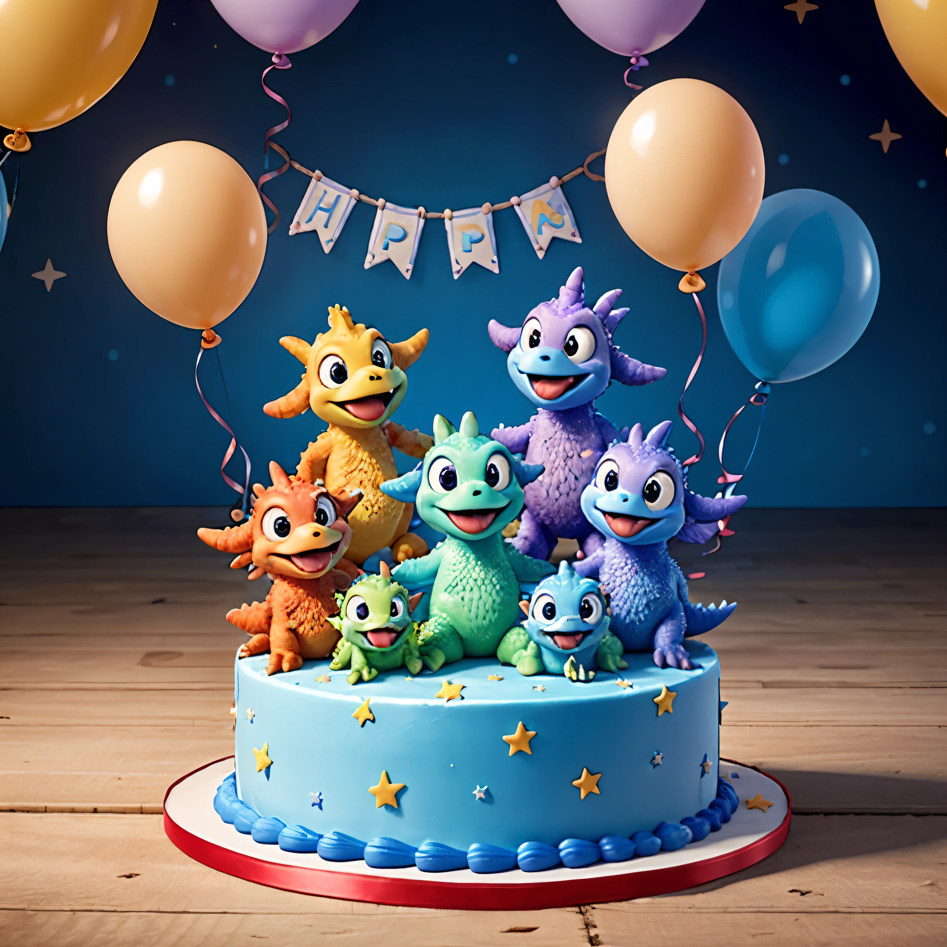 Five  dinosaurs celebrating a birthday around a beautiful blue double-decker cake, The party decoration has lots of colorful balloons and sparkling stars.