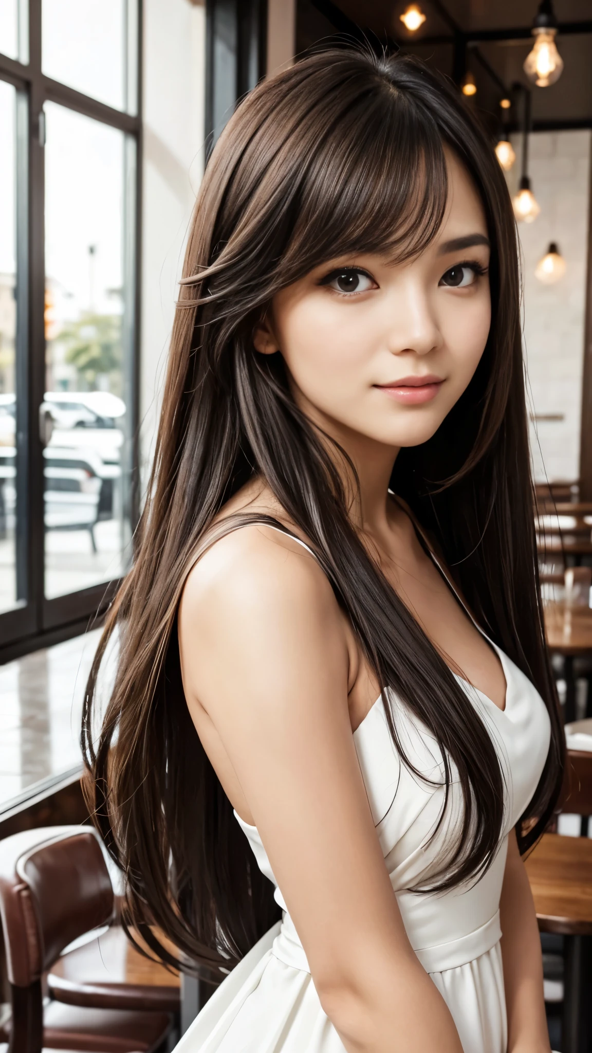 Beautiful black-haired girl with brown eyes and long hair in elegant white dress in a cafe professional photo shoot close up on face