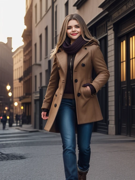 Chloe Grace Moretz、(masterpiece:1.0), (Highest_quality:1.2), (Dark Shot:1.3), Classic Rogue, 1991 Rogue X-Men, 1 girl, Only 1, Head to Toe, standing on street corner, Elegant pose, (clothing: Brown winter coat, Brown color hood, Down lining, White scarf, gloves, jeans) Medium length hair, Brown Hair, Wavy Hair, One gray hair, Green Eyes, Mischievous look, Grin, Lips parted,  Red lipstick, Heavy makeup, Confident expression, Backlight, (realism: 1.5), (Realistic: 1.4), (Disorganized:1.4), 8k, Very detailed, Detailed beautiful woman,  (background: Midnight, it&#39;s snowing, On the streets of New York, Snowy Night), Official Art, Very detailed CG Unity 8k wallpaper, Perfect lighting, colorful, 超High resolution, photograph, 8k, High resolution, Kodak Portrait 400, Film Grain, blurry background, (Bokeh:1.2), (Vibrant_color:1.2), Film Grain:1.2, (Warm colors, Warm Tones:1.2), (color photo), Professional Photograph