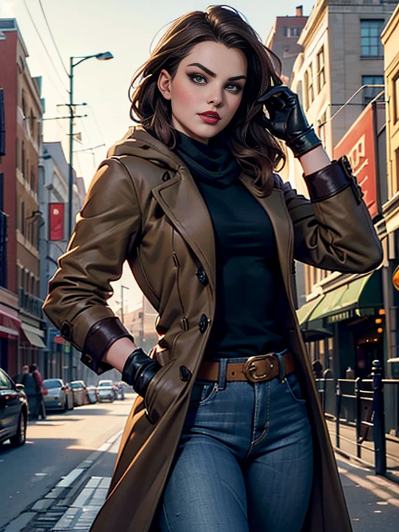 Margot Robbie、(masterpiece:1.0), (Highest_quality:1.2), (Dark Shot:1.3), Classic Rogue, 1991 Rogue X-Men, 1 girl, Only 1, Head to Toe, standing on street corner, Elegant pose, (clothing: Brown winter coat, Brown color hood, Down lining, White scarf, gloves, jeans) Medium length hair, Brown Hair, Wavy Hair, One gray hair, Green Eyes, Mischievous look, Grin, Lips parted, Red lipstick, Heavy makeup, Confident expression, Backlight, (realism: 1.5), (Realistic: 1.4), (Disorganized:1.4), 8k, Very detailed, Detailed beautiful woman, (background: Midnight, it's snowing, On the streets of New York, Snowy Night), Official Art, Very detailed CG Unity 8k wallpaper, Perfect lighting, colorful, 超High resolution, photograph, 8k, High resolution, Kodak Portrait 400, Film Grain, blurry background, (Bokeh:1.2), (Vibrant_color:1.2), Film Grain:1.2, (Warm colors, Warm Tones:1.2), (color photo), Professional Photograph