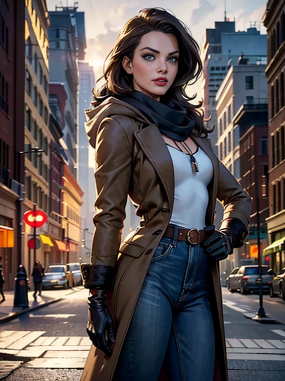 Margot Robbie、(masterpiece:1.0), (Highest_quality:1.2), (Dark Shot:1.3), Classic Rogue, 1991 Rogue X-Men, 1 girl, Only 1, Head to Toe, standing on street corner, Elegant pose, (clothing: Brown winter coat, Brown color hood, Down lining, White scarf, gloves, jeans) Medium length hair, Brown Hair, Wavy Hair, One gray hair, Green Eyes, Mischievous look, Grin, Lips parted,  Red lipstick, Heavy makeup, Confident expression, Backlight, (realism: 1.5), (Realistic: 1.4), (Disorganized:1.4), 8k, Very detailed, Detailed beautiful woman,  (background: Midnight, it&#39;s snowing, On the streets of New York, Snowy Night), Official Art, Very detailed CG Unity 8k wallpaper, Perfect lighting, colorful, 超High resolution, photograph, 8k, High resolution, Kodak Portrait 400, Film Grain, blurry background, (Bokeh:1.2), (Vibrant_color:1.2), Film Grain:1.2, (Warm colors, Warm Tones:1.2), (color photo), Professional Photograph