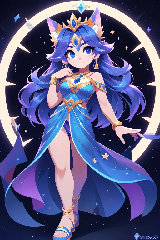 Nome completo: Celeste Nova

Pode:

Manipulate the movement of stars Access cosmic knowledge Create illusory constellations Color: Azul escuro

Estilo de roupa:

Long blue dress with star prints Cape with constellation details Gold sandals Accessories:

Tiara with shining stars Pendant earrings in the shape of moon and star Bracelet with astrological symbols Background:

Starry space with diverse bright constellations Character: Violet Characteristics:

Personalidade: Enigmatic, poderosa, controle da mente
Poder: Telecinesia e controle mental
