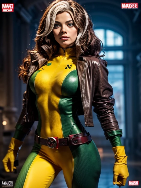 Margot Robbie、masterpiece, High-quality 4K, Villain (X-Men), Gothic Girl, Sculpted body gothic makeup, Brown jacket, Yellow and green bodysuit, masterpiece, highest quality, Cowboy Shot, One girl, alone, Technology Military Bodysuit, fringe.