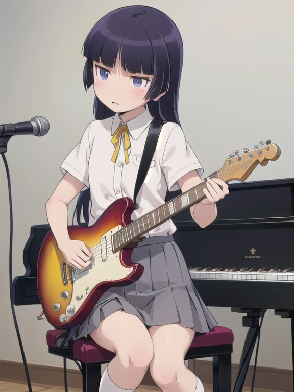 highest quality, Very detailed, 
School, music room, Brass band、Old Chair、musical instrument, Electric guitar, Performance, 
(gokou ruri), One girl, alone, Black socks, Short sleeve,  Grey Skirt, (Medium skirt), Box Pleat Skirt, Hime cut, tuck in, Collared shirt, Yellow ribbon, blue eyes, plain attire