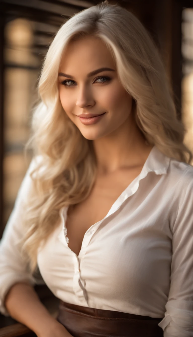 professional, (4k photo:1.1) by (Jeremy Lipking:0.3), (Dittmann Anna:0.3), (Arian Mark:0.3), (Sharp focus:1.3), high detail, wearing (lowcut shirt:1.2), beautiful detailed face, hazel eyes, long blonde hair, (attractive young woman:1.3), (seductive:1.1), (blushing:1.1), hourglass body shape, large round big breasts, wide thicc hips, blonde goddess, tight outfit, tight attire, smiling seductively, pretty face, perfect white haired girl, satisfied pose, cute seductive smile, beautiful blonde girl, good young girl, beautiful angle, attractive pose, cute girl, sexy pose, a gorgeous blonde, full body picture, full body, full body shoot, wearing white skirt and boots