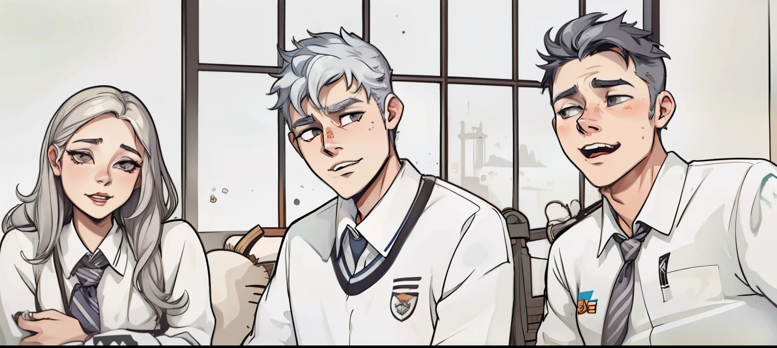 There is a girl and two 17 year old boys who are at school, their hair is gray.