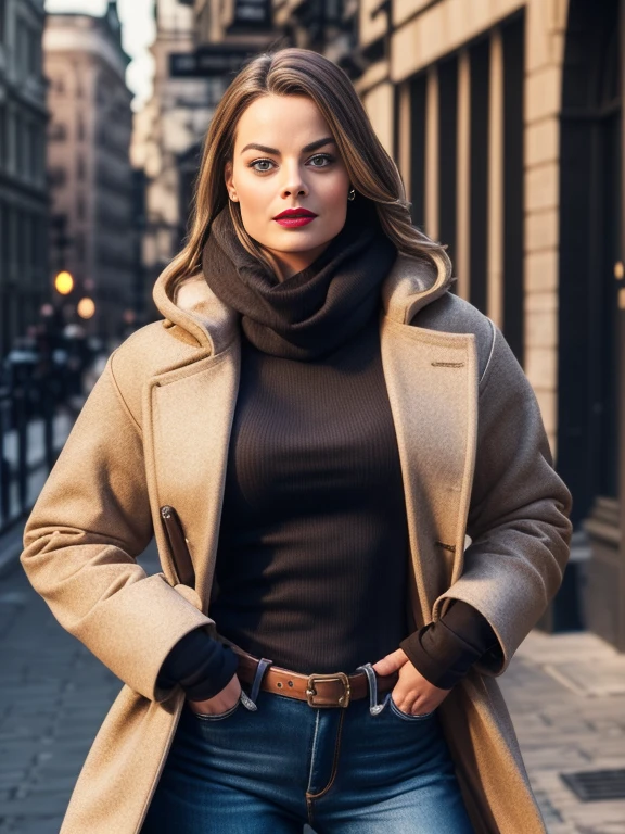 Margot Robbie、(masterpiece:1.0), (Highest_quality:1.2), (Dark Shot:1.3), Classic Rogue, 1991 Rogue X-Men, 1 girl, Only 1, Head to Toe, standing on street corner, Elegant pose, (clothing: Brown winter coat, Brown color hood, Down lining, White scarf, gloves, jeans) Medium length hair, Brown Hair, Wavy Hair, One gray hair, Green Eyes, Mischievous look, Grin, Lips parted,  Red lipstick, Heavy makeup, Confident expression, Backlight, (realism: 1.5), (Realistic: 1.4), (Disorganized:1.4), 8k, Very detailed, Detailed beautiful woman,  (background: Midnight, it&#39;s snowing, On the streets of New York, Snowy Night), Official Art, Very detailed CG Unity 8k wallpaper, Perfect lighting, colorful, 超High resolution, photograph, 8k, High resolution, Kodak Portrait 400, Film Grain, blurry background, (Bokeh:1.2), (Vibrant_color:1.2), Film Grain:1.2, (Warm colors, Warm Tones:1.2), (color photo), Professional Photograph