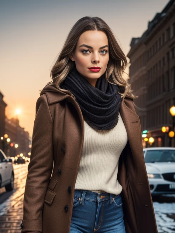 Margot Robbie、(masterpiece:1.0), (Highest_quality:1.2), (Dark Shot:1.3), Classic Rogue, 1991 Rogue X-Men, 1 girl, Only 1, Head to Toe, standing on street corner, Elegant pose, (clothing: Brown winter coat, Brown color hood, Down lining, White scarf, gloves, jeans) Medium length hair, Brown Hair, Wavy Hair, One gray hair, Green Eyes, Mischievous look, Grin, Lips parted, Red lipstick, Heavy makeup, Confident expression, Backlight, (realism: 1.5), (Realistic: 1.4), (Disorganized:1.4), 8k, Very detailed, Detailed beautiful woman, (background: Midnight, it's snowing, On the streets of New York, Snowy Night), Official Art, Very detailed CG Unity 8k wallpaper, Perfect lighting, colorful, 超High resolution, photograph, 8k, High resolution, Kodak Portrait 400, Film Grain, blurry background, (Bokeh:1.2), (Vibrant_color:1.2), Film Grain:1.2, (Warm colors, Warm Tones:1.2), (color photo), Professional Photograph