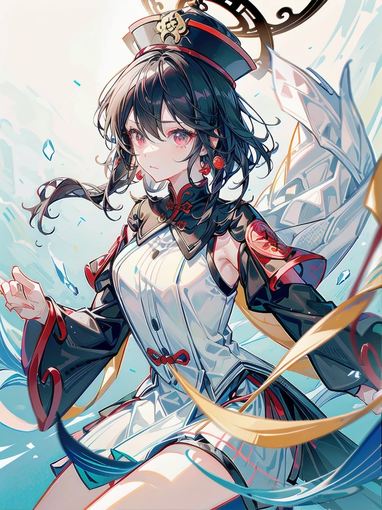 cemetery, dress, braid, chinese clothes, headwear, ofuda, jiangshi, qing guanmao, absurdres, RAW photo, extremely delicate and beautiful, masterpiece, Best Quality, ultra high resolution, 32k, hyperrealistic, ultra-detailed, detailed description, pale skin, 20 years old, tearful mole, earring, Colossal tits, short medium hair, wavy hair, whole body shot,