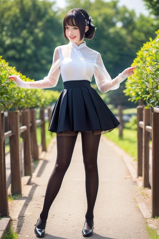 ((32k，super highest quality，Ultra-high resolution，masterpiece，Realistic，Realistic，Very detailed，))，A young, adorable, beautiful and cute 16-year-old〜20 year old girl，((Seamless Ultra-thin All-through Pantyhose，Ultra-thin seamless pantyhose, sexy, all-through, beautiful legs, tights, stockings, sheer, pantyhose, ladies))，Full body photo，Full body angle，Esbian all over，Baby Face，single eyelid，Long legs，Thin legs，Thin thighs，Beautiful hands and feet，chest，Cute smile，Adorable smile，nice smile，Rose garden in the background，Long Straight Hair，Iris，Black Hair，A cute and beautiful Japanese girl who still retains her youthful charm，With a young body，Slim waist，((Modern Chinese traditional short cheongsam for women，Sexy Chinese Dresini Chinese Dress，Chinese Dress Sexy ta Dress))，((Panties exposed))，((Full body transparency))