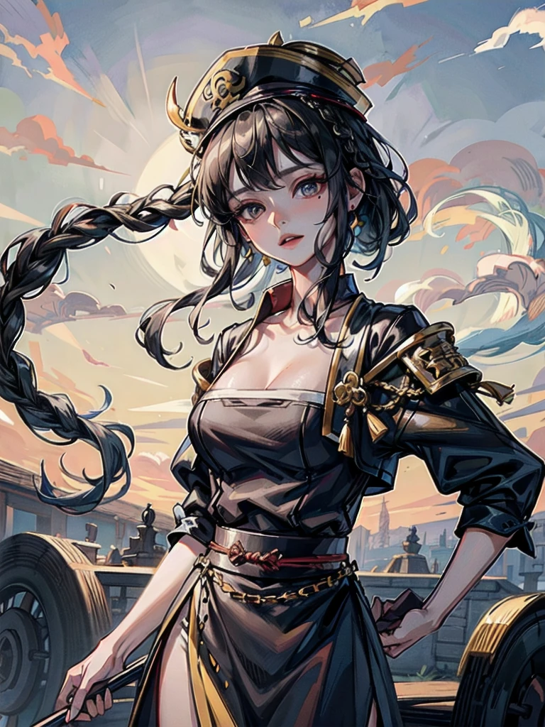 cemetery, dress, braid, chinese clothes, headwear, ofuda, jiangshi, qing guanmao, absurdres, RAW photo, extremely delicate and beautiful, masterpiece, Best Quality, ultra high resolution, 32k, hyperrealistic, ultra-detailed, detailed description, pale skin, 20 years old, tearful mole, earring, Colossal tits, short medium hair, wavy hair, whole body shot,