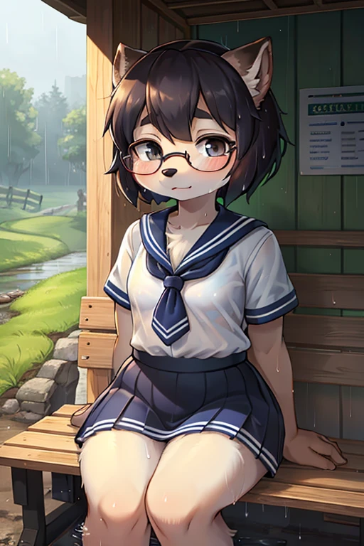 focus face , hairy racoon dog Short stature girl wearing black sports bra , (Short stature) , realistic hairy fur , round face , (tilt face:1.2) , Dull geek , (half-open eyes) , Swollen cheeks , glossy lips , flat chest , (look away:1.2) , eyewear, (neat white sailor uniform:1.1) , (see through black sports bra under uniform:0.9) , navy skirt , heavy rain , Rural bus stop , Rural Scenery , Take shelter from the rain , (Wet uniform:1.2),sit on bench