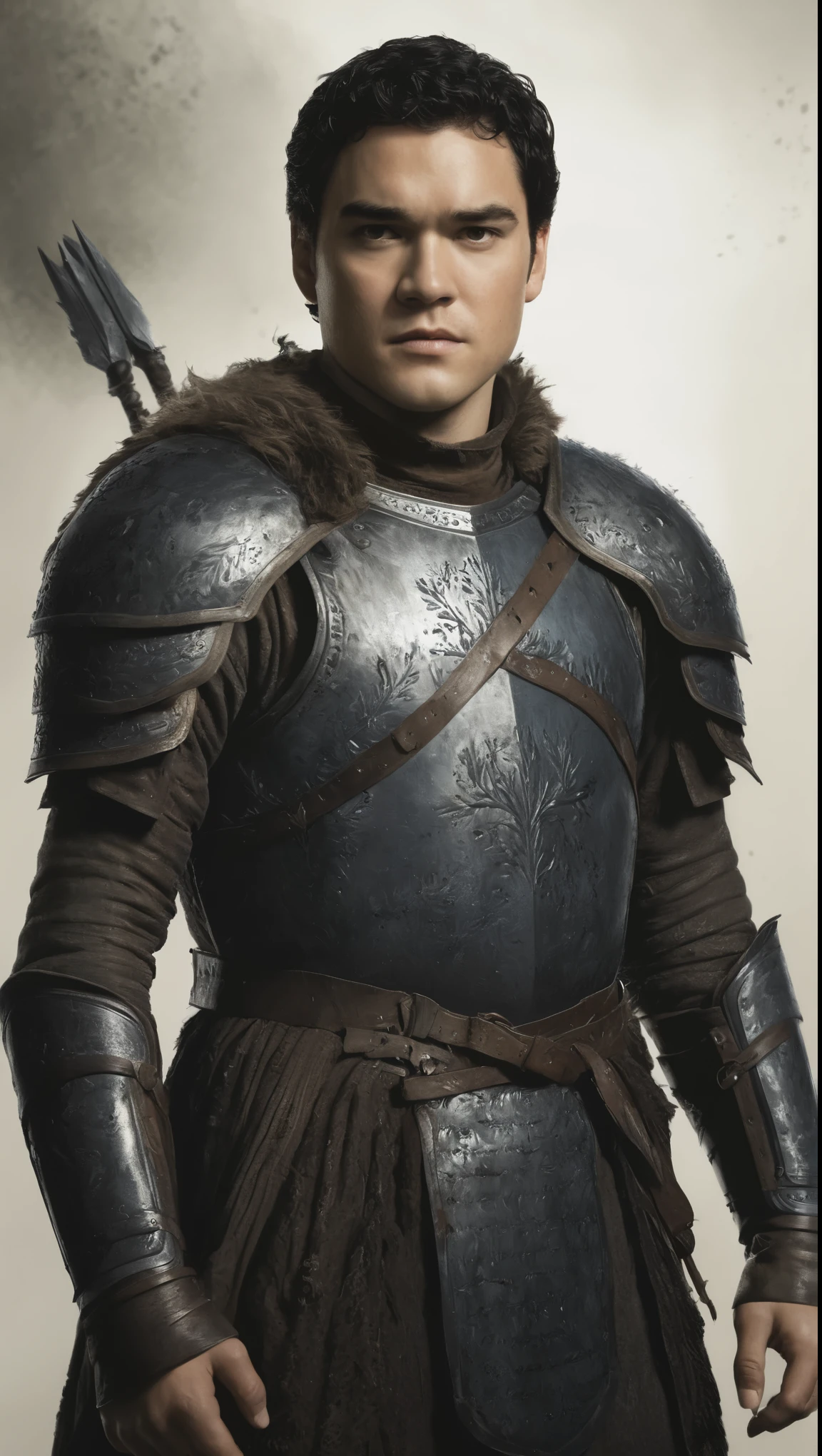 An illustrated movie poster, hand-drawn, full color, a Westerosi knight, 21 years-old, wearing a leather cuirass, resembles Dean Cain, sun-tanned skin, stocky physique, extremely tall, deep brown eyes, wide bulbous nose, black hair, curly hair, thick bushy eyebrows, extremely hairy chest, stomach, and arms, lots of body hair, posing in a misty grove, hard shadows, graphite shading, stencil markings, airbrushed acrylic paint, masterpiece, in the style of Game of Thrones