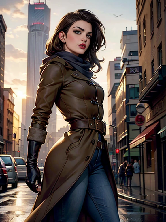 Anne Hathaway、(masterpiece:1.0), (Highest_quality:1.2), (Dark Shot:1.3), Classic Rogue, 1991 Rogue X-Men, 1 girl, Only 1, Head to Toe, standing on street corner, Elegant pose, (clothing: Brown winter coat, Brown color hood, Down lining, White scarf, gloves, jeans) Medium length hair, Brown Hair, Wavy Hair, One gray hair, Green Eyes, Mischievous look, Grin, Lips parted, Red lipstick, Heavy makeup, Confident expression, Backlight, (realism: 1.5), (Realistic: 1.4), (Disorganized:1.4), 8k, Very detailed, Detailed beautiful woman, (background: Midnight, it's snowing, On the streets of New York, Snowy Night), Official Art, Very detailed CG Unity 8k wallpaper, Perfect lighting, colorful, 超High resolution, photograph, 8k, High resolution, Kodak Portrait 400, Film Grain, blurry background, (Bokeh:1.2), (Vibrant_color:1.2), Film Grain:1.2, (Warm colors, Warm Tones:1.2), (color photo), Professional Photograph