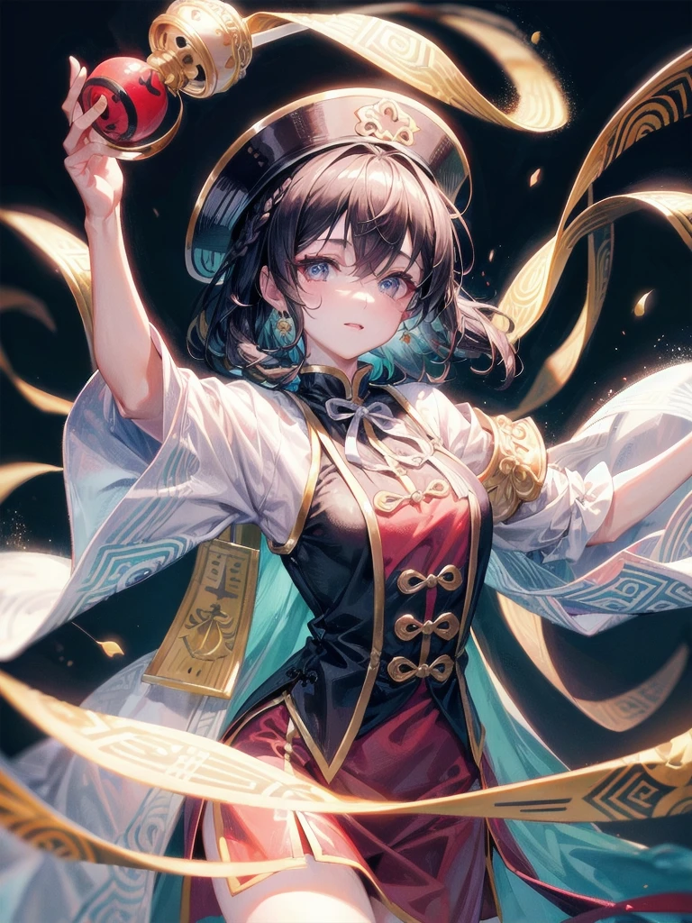 cemetery, dress, braid, chinese clothes, headwear, ofuda, jiangshi, qing guanmao, absurdres, RAW photo, extremely delicate and beautiful, masterpiece, Best Quality, ultra high resolution, 32k, hyperrealistic, ultra-detailed, detailed description, pale skin, 20 years old, tearful mole, earring, Colossal tits, short medium hair, wavy hair, whole body shot,