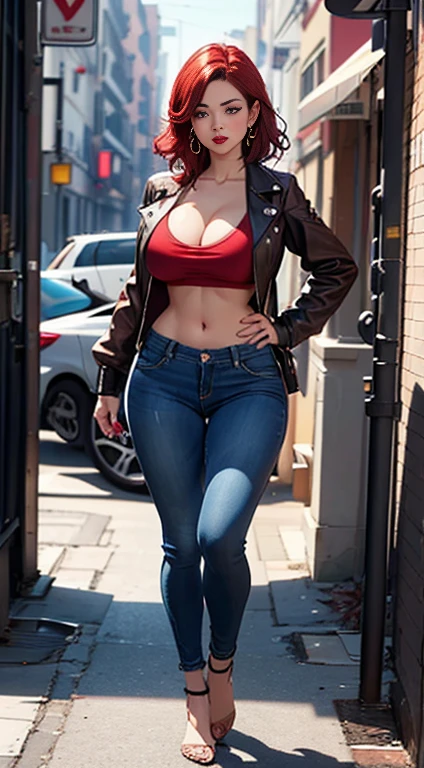 a woman in jeans and a red t-shirt with jeans jacket posing for a picture, beautiful face, red lips, red hair, perfect body shape , beautiful alluring anime woman, extremely detailed artgerm, as seen on artgerm, style artgerm, cleavage, revealing clothes, artgerm comic, artgerm. anime illustration, like artgerm, detailed digital anime art, full body (NSFW breasts), hdri, extremely naked, nude, nua, pelada, nsfw, gigantic breast 1.9