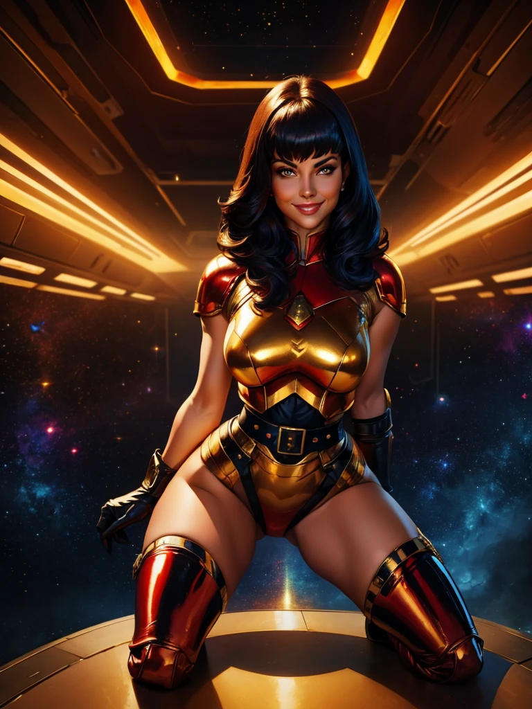 Beautiful nude woman with massive breasts. The breasts are not covered by anything. Red full lips. shiny red stockings with a belt. Very long transparent dress very tight showing breasts nude. (masterpiece, best quality:1.3) YunaFF10, 1girl, solo, heterochromia, Mix of color neon blue green yellow black hair, standing on alien planet in the misery jungle, smiling, sunlight, on the sky we can see planet with rings like Saturn and spaceships of alien formation.