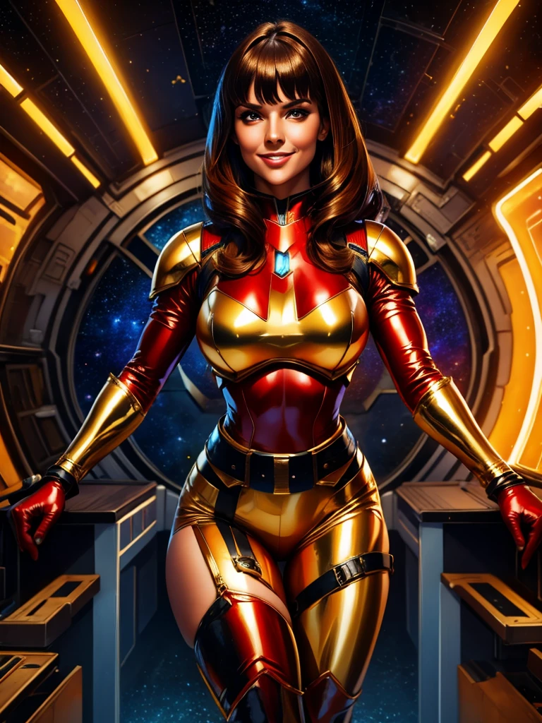 Best Quality oil paint art, Beautiful Vintage Space Woman, cabelo liso preto,bangs, Looking at Viewer, SHY SMILE,metallic Ultra shiny cramped red armor, adjusting high-tech gloves,tech belt, thighs and knee, spaceship battle scenery, golden lights