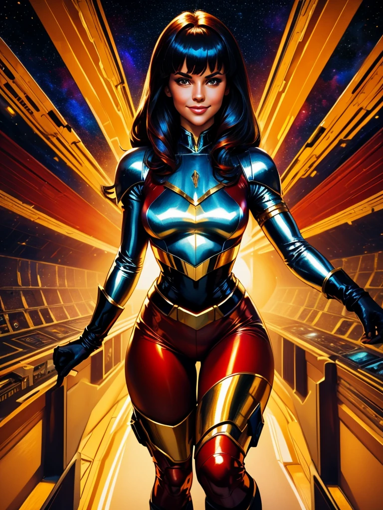 Best Quality oil paint art, Beautiful Vintage Space Woman, cabelo liso preto,bangs, Looking at Viewer, SHY SMILE,metallic Ultra shiny cramped red armor, adjusting high-tech gloves,tech belt, thighs and knee, spaceship battle scenery, golden lights