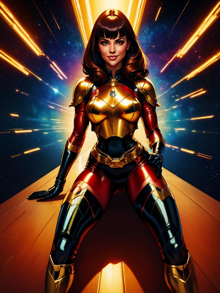 Best Quality oil paint art, Beautiful Vintage Space Woman, cabelo liso preto,bangs, Looking at Viewer, SHY SMILE,metallic Ultra shiny cramped red armor, adjusting high-tech gloves,tech belt, thighs and knee, spaceship battle scenery, golden lights