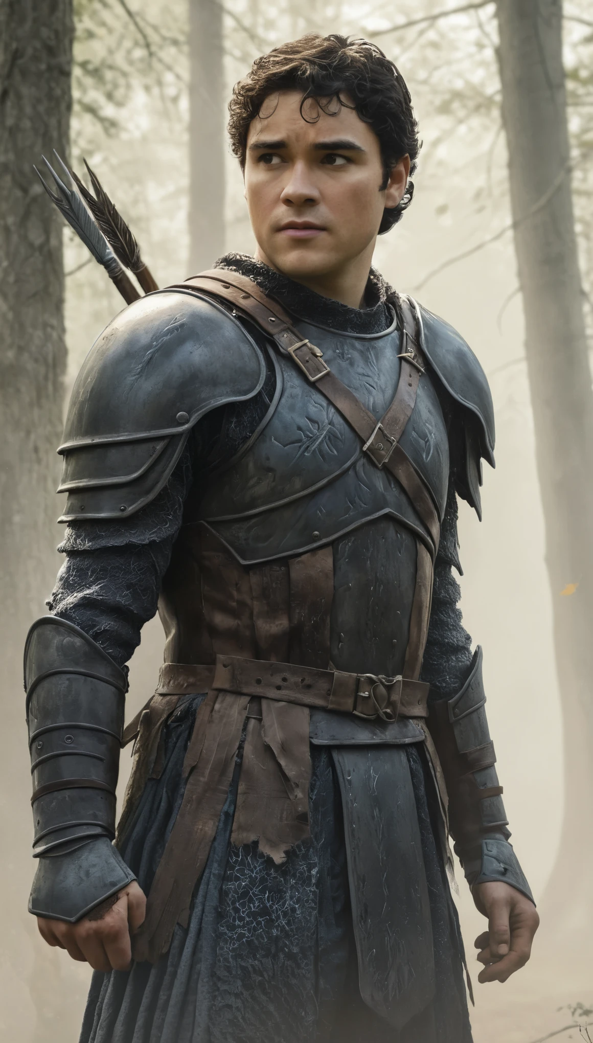 An illustrated movie poster, hand-drawn, full color, a giant knight, 21 years-old, wearing a leather cuirass, resembles Dean Cain, sun-tanned skin, stocky physique, extremely tall, deep brown eyes, wide bulbous nose, black hair, curly hair, thick bushy eyebrows, scruffy beard, extremely hairy chest, stomach, and arms, lots of body hair, posing in a misty grove, hard shadows, graphite shading, stencil markings, airbrushed acrylic paint, masterpiece, in the style of Game of Thrones