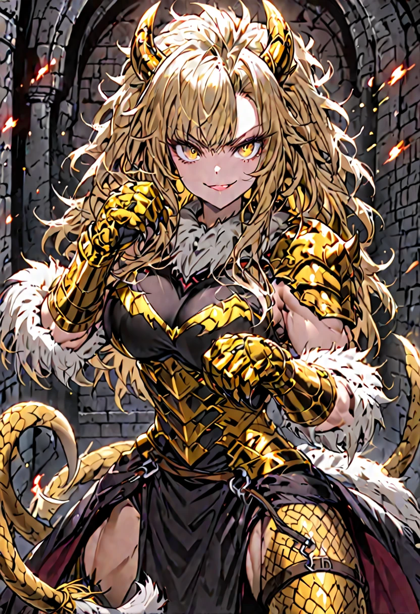 solo, female, sfw, medium shot, dungeon, fur on arms:1.2, animal hands:0.9, muscular, golden horns, lion ears, long messy hair, golden eyes, lion tail, armor, large breasts, white fur collar, attack stance, red bat wings, scorpion tail, smile, slit pupils