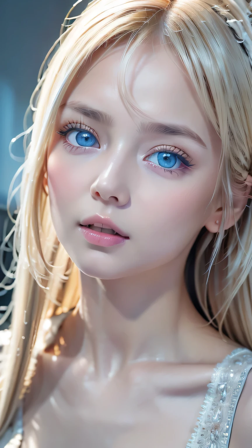highest quality、8K Masterpiece、Ultra-high resolution、(Realistic:1.3)、RAW Photos、14 year old girl of Scandinavian descent with shiny blonde hair、Silvery blonde hair、Super long straight hair、Bangs between the eyes、Hair above the eyes、片Hair above the eyes、Hair between the eyes、White and lustrous skin、1. Cyberpunk Super Beautiful Soldier、((Ultra-Realistic Details))、Portraiture、Global Illumination、Shadow Realm、Octane Rendering、8K、Super sharp、Beautiful breasts、Bare skin in the cleavage is exposed、Metal、Cold colors、、Very intricate details、Realistic Light、CG Association Trends、Very beautiful, large light blue eyes、Very big eyes、Eyes shining towards the camera、Neon Details、Small Face Beauty、Round face、Cheek highlight