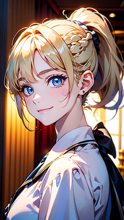 Best quality , masterpiece, Portrait、、Bright expression、ponytail、Young, shiny, white, glossy skin、Gloss Face、Shining Cheek Gloss、Small Face Beauty、The best beauty、The dazzling light of blonde hair、Bright blonde hair with dazzling highlights、Very beautiful shiny light blonde hair、super long silky straight hair、Her shiny, beautiful bangs are covering her eyes.、Sparkling, clear, attractive, bright, large, pale blue eyes、Very big eyes、eyeliner、very beautiful lovely cute 16 year old girl、young girl, Ample Bust, upper body , (smile:1.2) , ((((nit , ponytail ))))